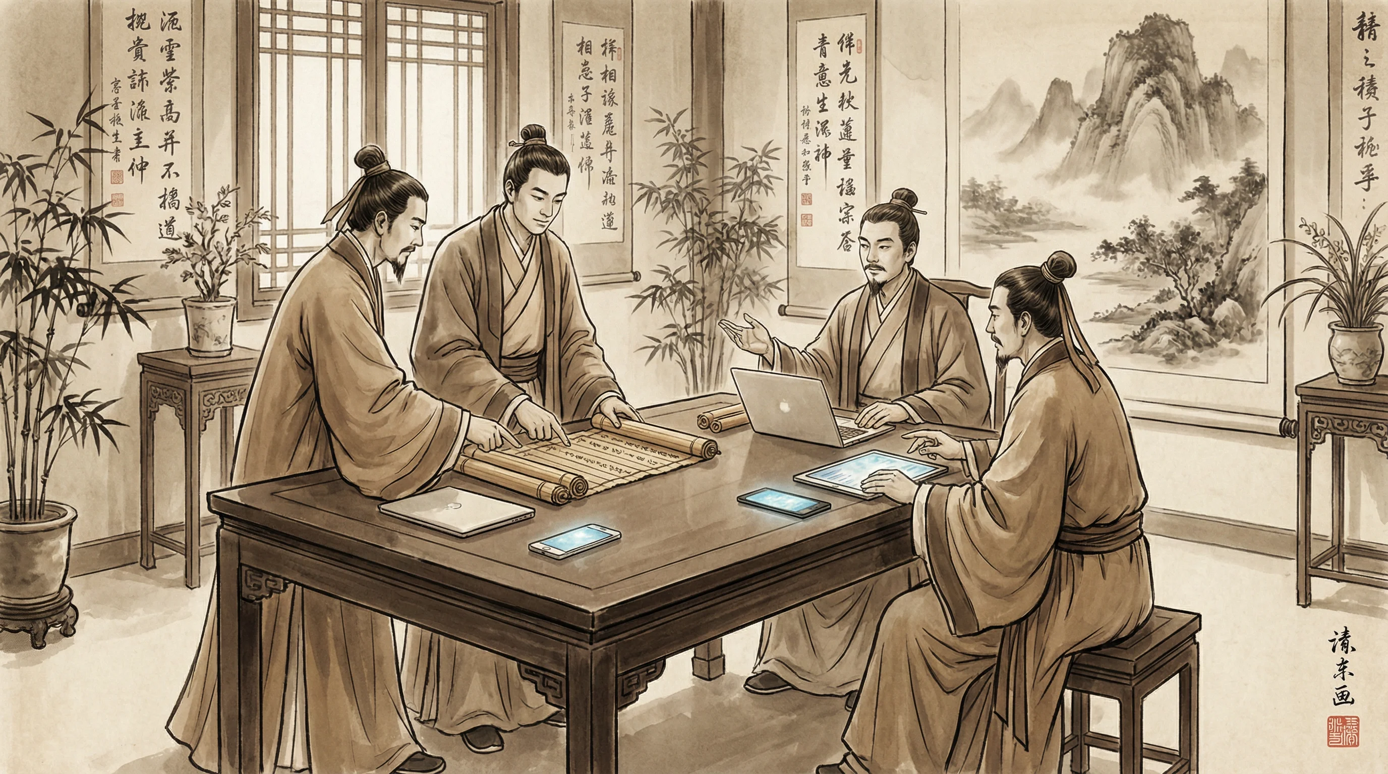 pg游戏专业团队水墨风格工作场景