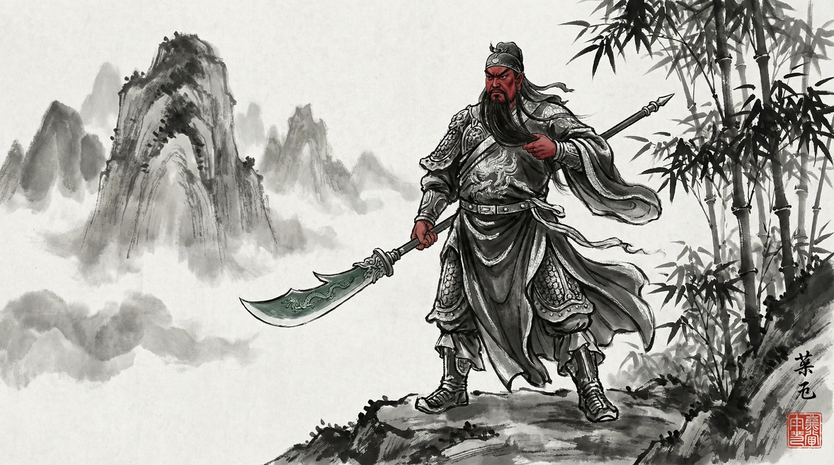 pg游戏武圣关公游戏水墨画风格